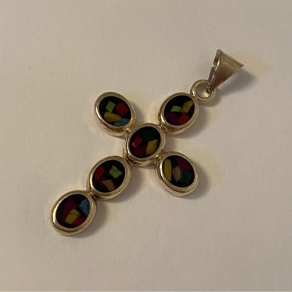 ATI 925 STERLING SILVER MULTI COLOR INLAY CROSS PENDANT BLACK 13.2g CHARM